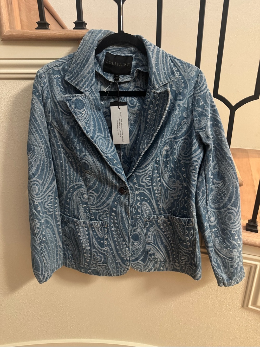 Solitaire Blue Paisley-Print Denim Blazer